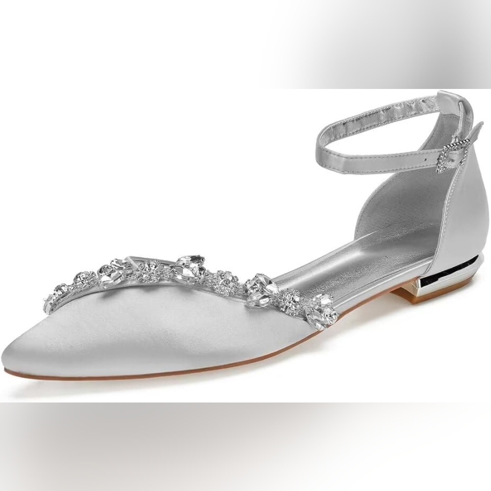 New! Silver Satin Pointed Toe Rhinestone Slip On Ballet Flat Shoe Sandal 40 (10)